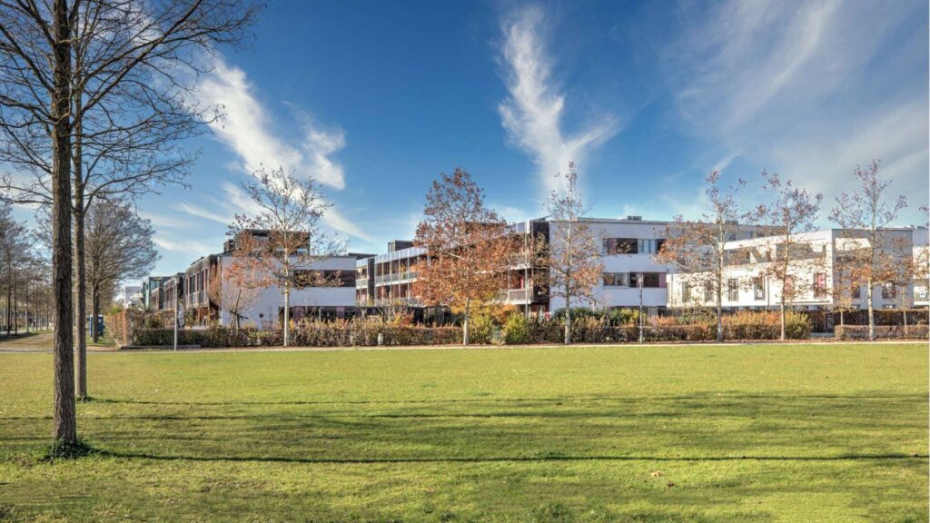 Moderne Wohnanlage mit weißen Fassaden hinter großer Rasenfläche im Herbst