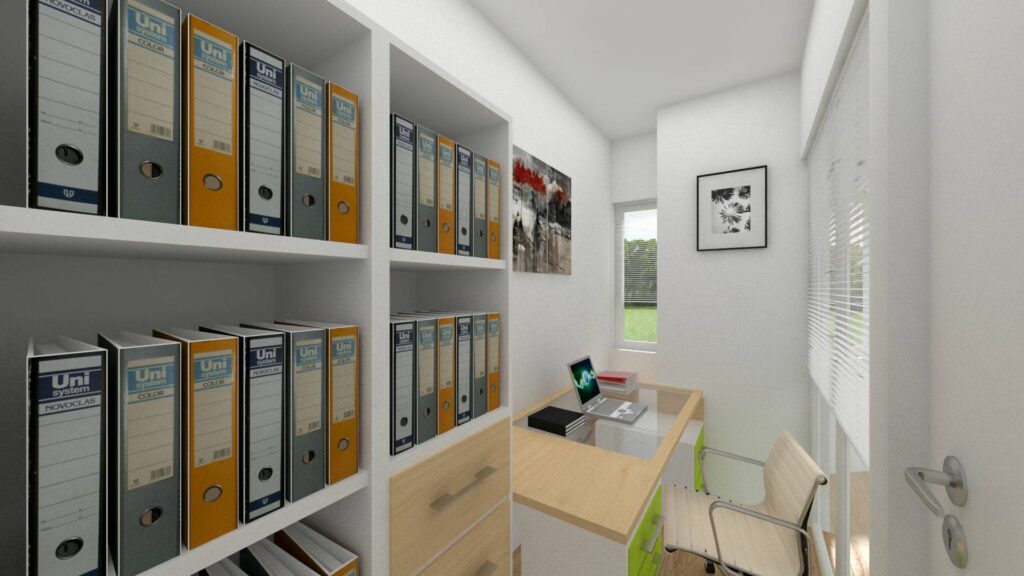 Visualization of an office space with file shelves and a desk in a commercial unit in Haidhausen, Munich