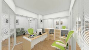 Visualization of a speech therapy room with a desk, chairs, and shelves in a practice in Haidhausen, Munich