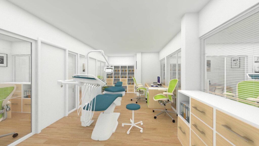 Visualization of a practice hallway with treatment chair, cabinets, and reception desk in Haidhausen, Munich