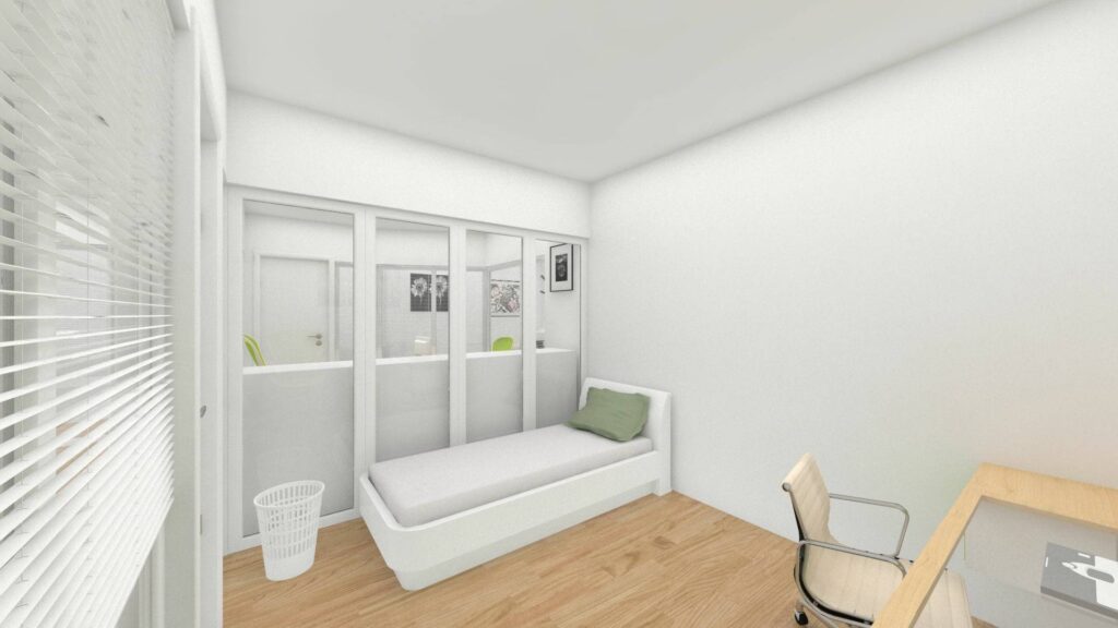 Visualization of a small patient room with a bed and desk in a practice in Haidhausen, Munich