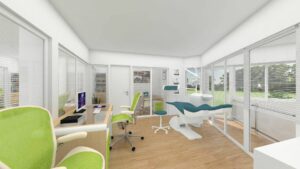 Visualization of a practice room with treatment bed and green chairs in a commercial unit in Haidhausen