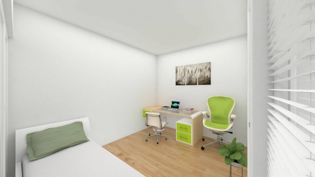 Visualization of a small room with a bed, desk and curtains in a commercial unit in Haidhausen