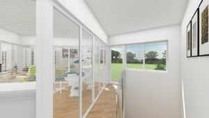 Visualization of a commercial space with glass façades, access to the terrace and greenery in Haidhausen, Munich