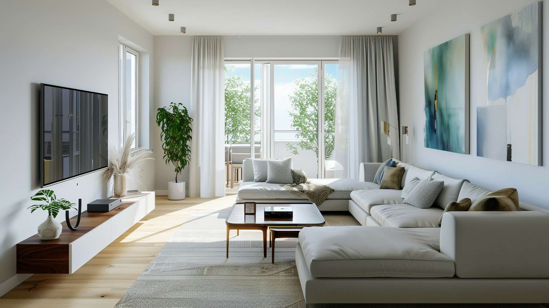 Helles Wohnzimmer mit großer Sofalandschaft und Zugang zur Loggia – Symbolbild zum Immobilienmarkt in Gauting bei München