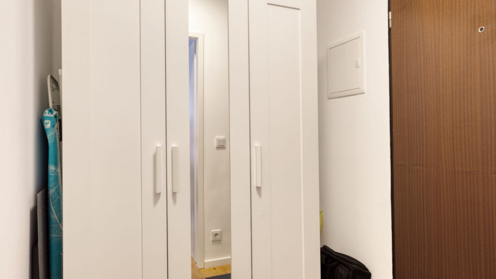 Entrance area of the Laimer apartment with built-in cabinets and mirrored door