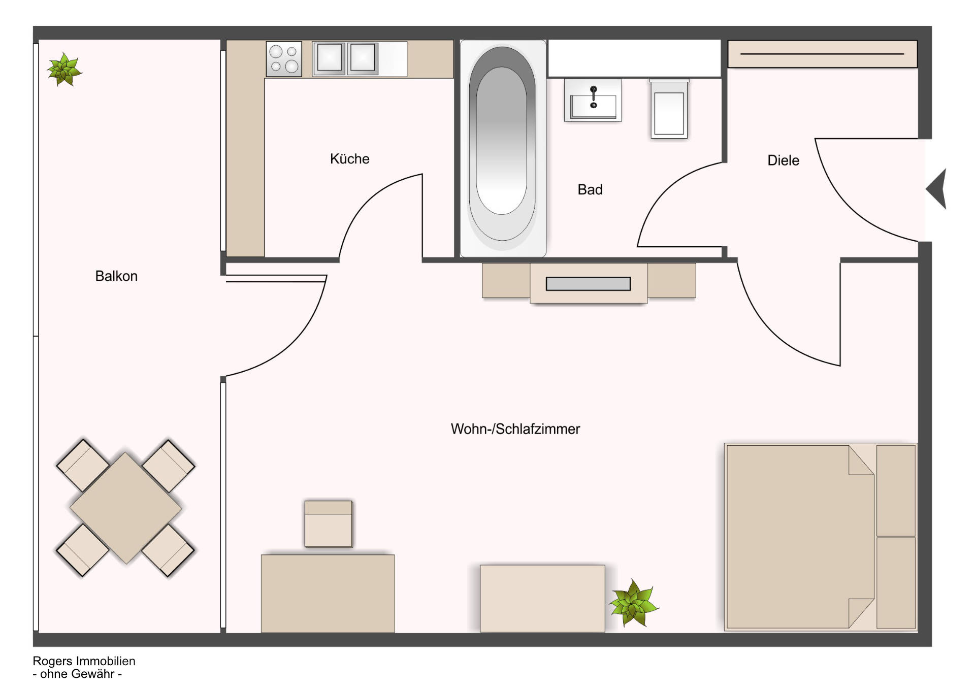 Grundrissskizze der Laimer Wohnung mit Balkon, Wohn-Schlafzimmer, Küche, Bad und Diele