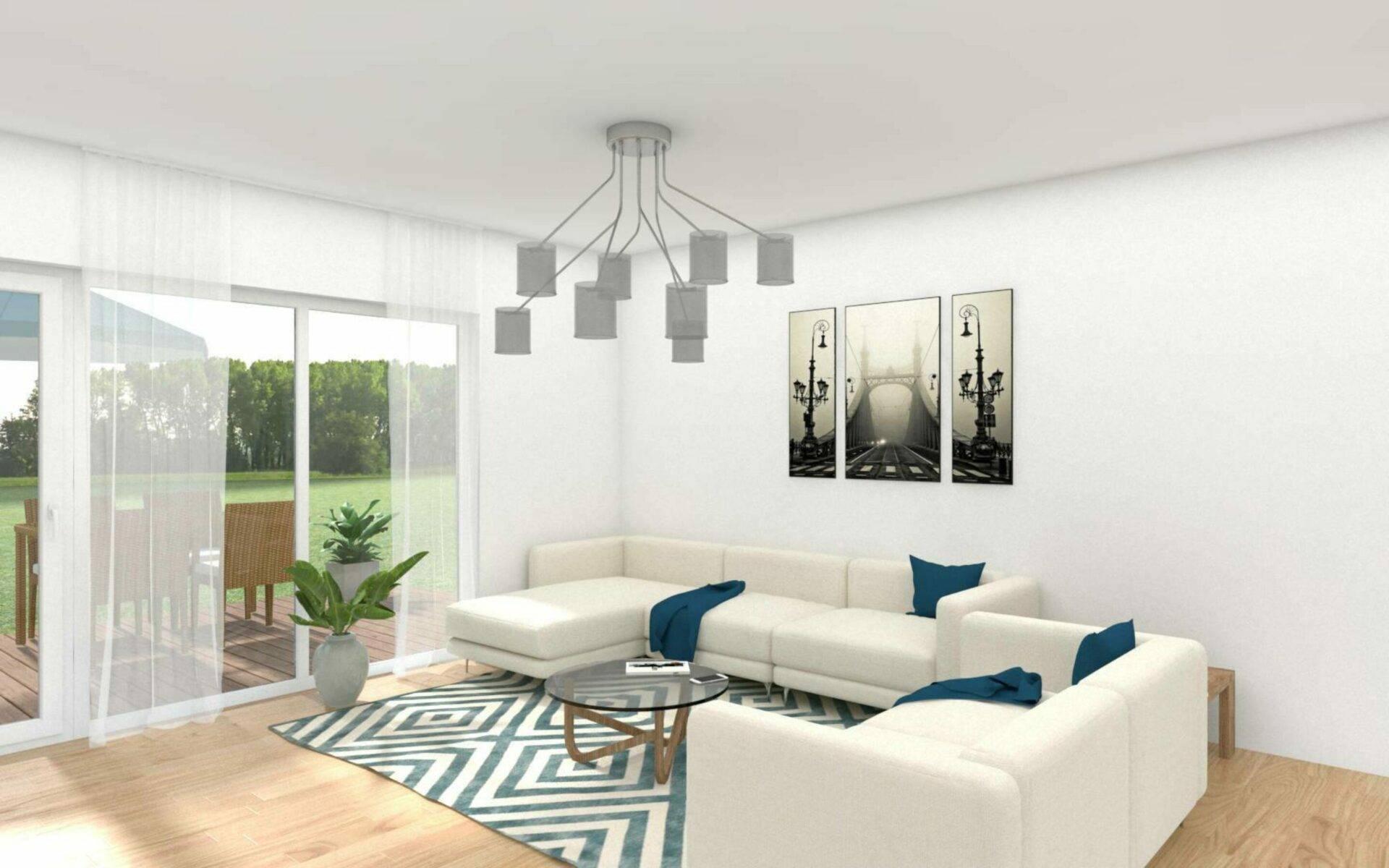 Narrow section of the virtually furnished living area in the Lerchenau semi-detached house