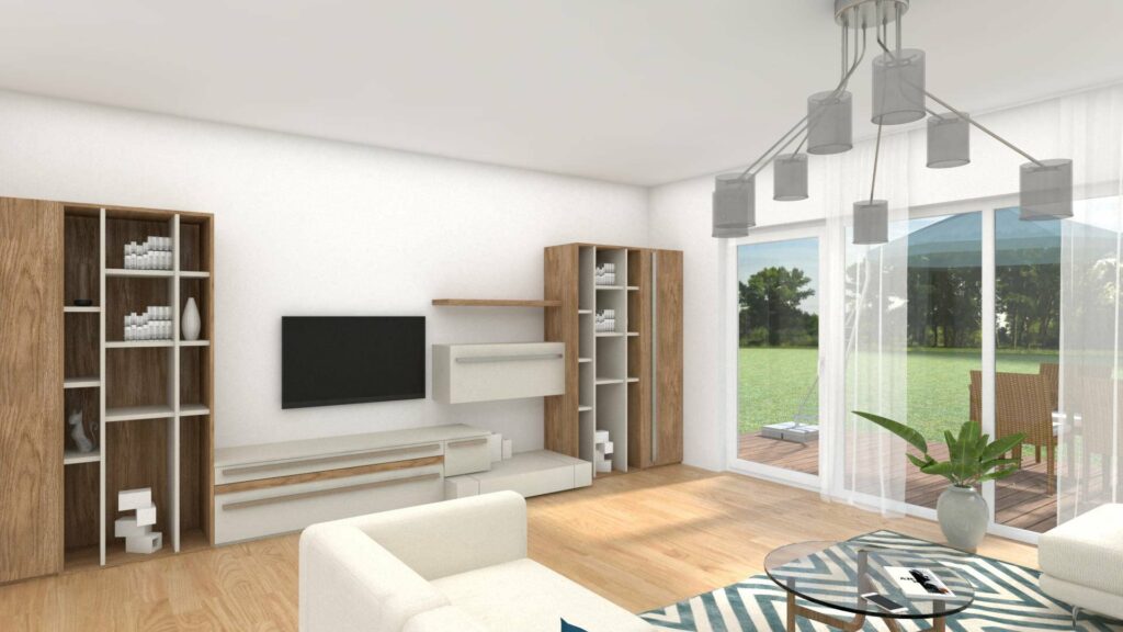 Virtuell eingerichtetes Wohnzimmer im Erdgeschoss des Lerchenauer Doppelhauses mit TV-Wand und Terrassenzugang