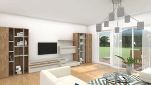 Virtuell eingerichtetes Wohnzimmer im Erdgeschoss des Lerchenauer Doppelhauses mit TV-Wand und Terrassenzugang