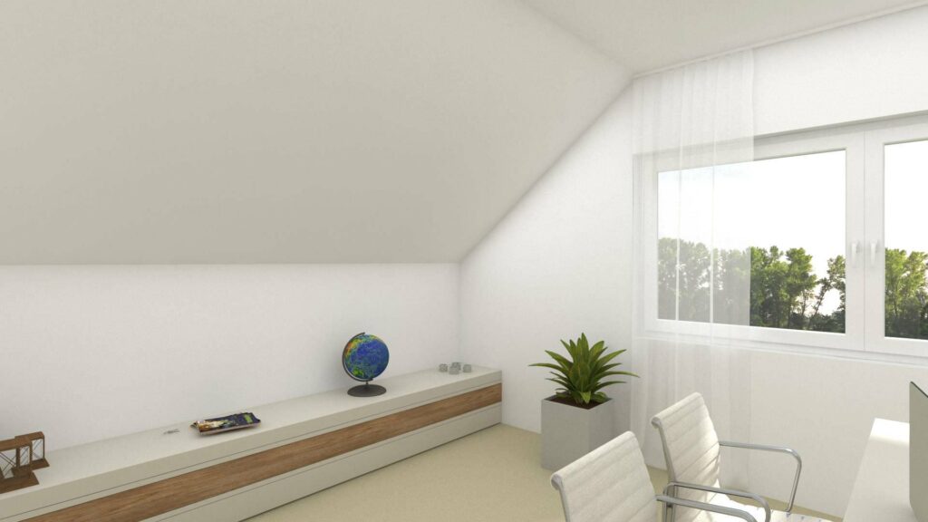 Virtuell eingerichtetes Zimmer im Dachgeschoss des Lerchenauer Doppelhauses mit Sideboard und Globus