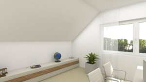 Virtuell eingerichtetes Zimmer im Dachgeschoss des Lerchenauer Doppelhauses mit Sideboard und Globus