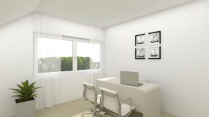 Virtuell eingerichtetes Arbeitszimmer im Dachgeschoss des Lerchenauer Doppelhauses mit Schreibtisch und Stühlen