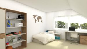 Virtuell eingerichtetes Kinderzimmer im Dachgeschoss des Lerchenauer Doppelhauses mit Bett und Schreibtisch