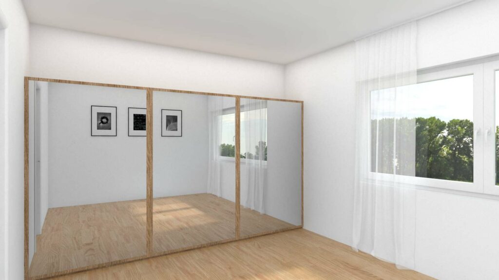 Virtuell eingerichtetes Zimmer im Obergeschoss des Lerchenauer Doppelhauses mit Spiegelschrank