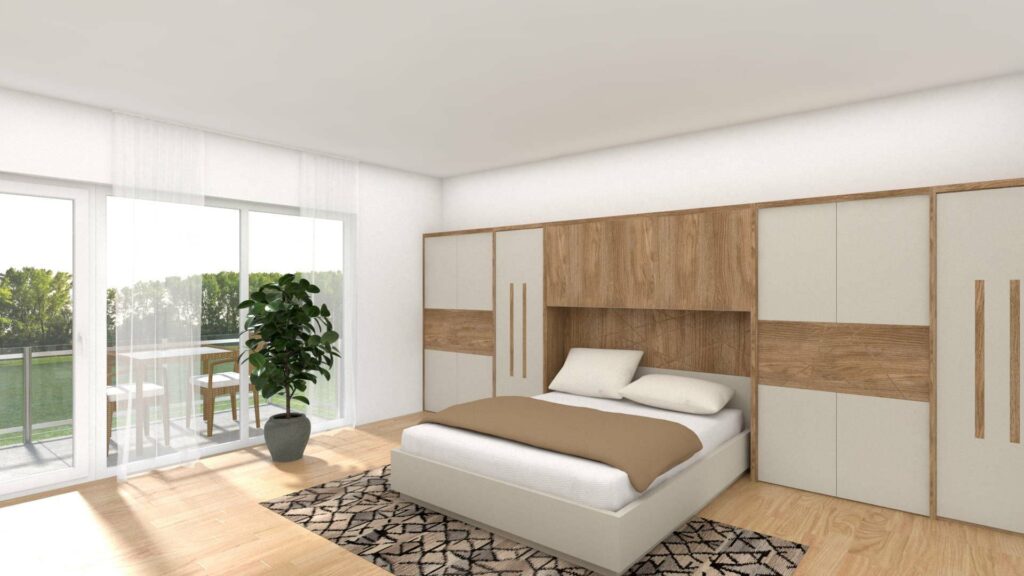 Virtuell eingerichtetes Schlafzimmer mit Doppelbett und Einbauschrank im Lerchenauer Doppelhaus
