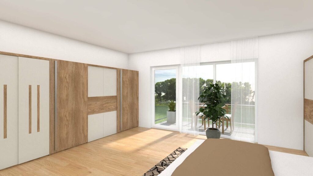 Virtuell eingerichtetes Schlafzimmer im Obergeschoss des Lerchenauer Doppelhauses mit Bett und Einbauschrank