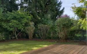 Gartenbereich des Lerchenauer Hauses mit Holzterrasse, Rasen und dichter Heckenbepflanzung