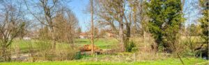 Meadow and tree landscape with a stream running through the area of a residential property in Obermenzing, Munich