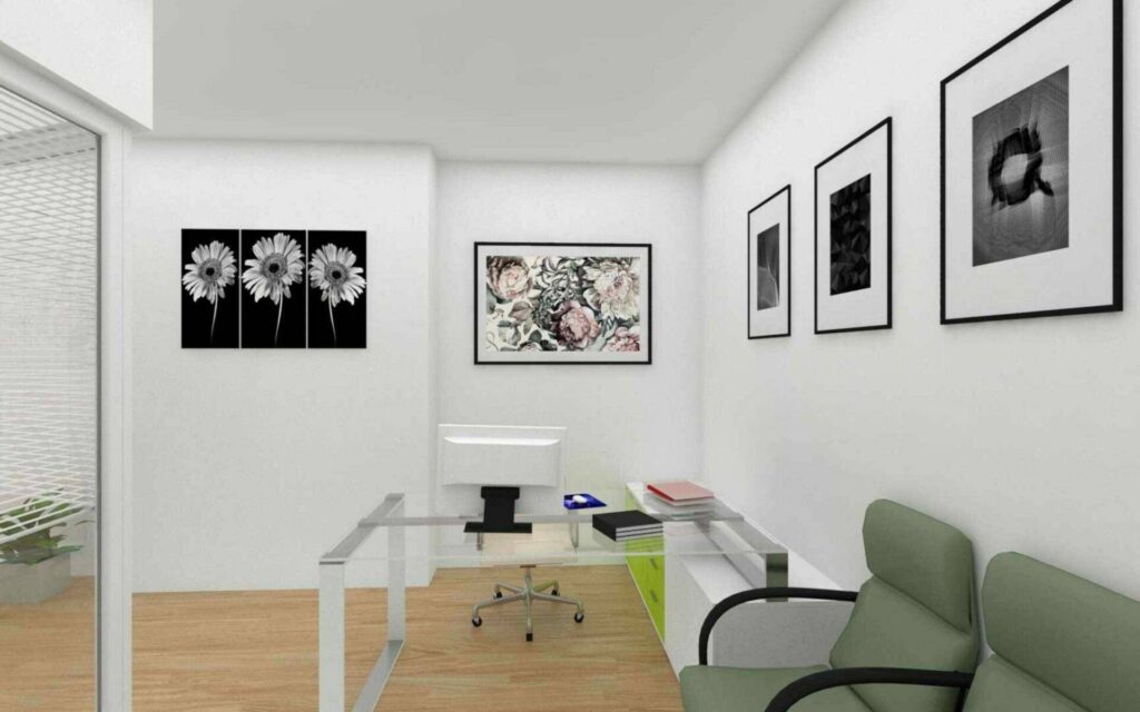3D visualization of a reception and office space with works of art near Ostbahnhof Munich