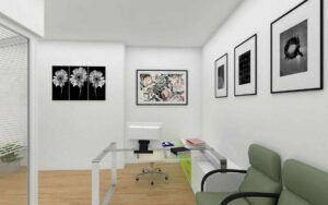 3D visualization of a reception and office space with works of art near Ostbahnhof Munich