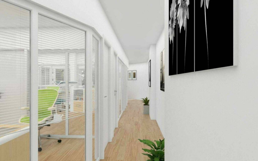 High-resolution 3D visualization of an office corridor with glass doors near Ostbahnhof Munich