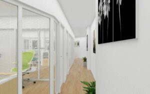 High-resolution 3D visualization of an office corridor with glass doors near Ostbahnhof Munich