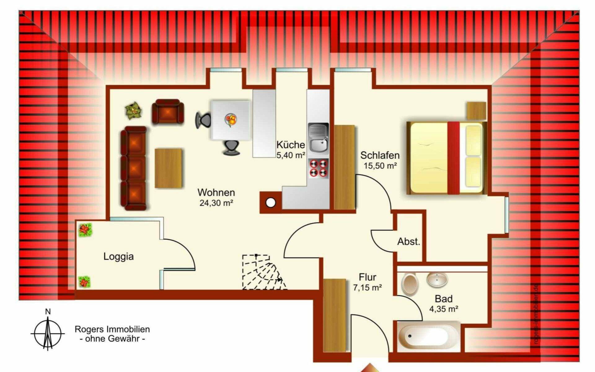Grundrisszeichnung einer Wohnung in München-Thalkirchen mit Wohnen, Küche, Schlafzimmer, Bad und Loggia.
