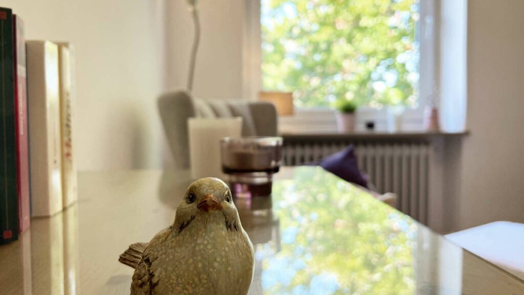 Ceramic bird and books on a glass table with a view of greenery through the window in an apartment in Untermenzing.