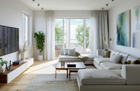 Modernes helles Wohnzimmer mit Loggia, Sofalandschaft und Wandbild – Symbolbild zu Immobilienpreisen in Gauting