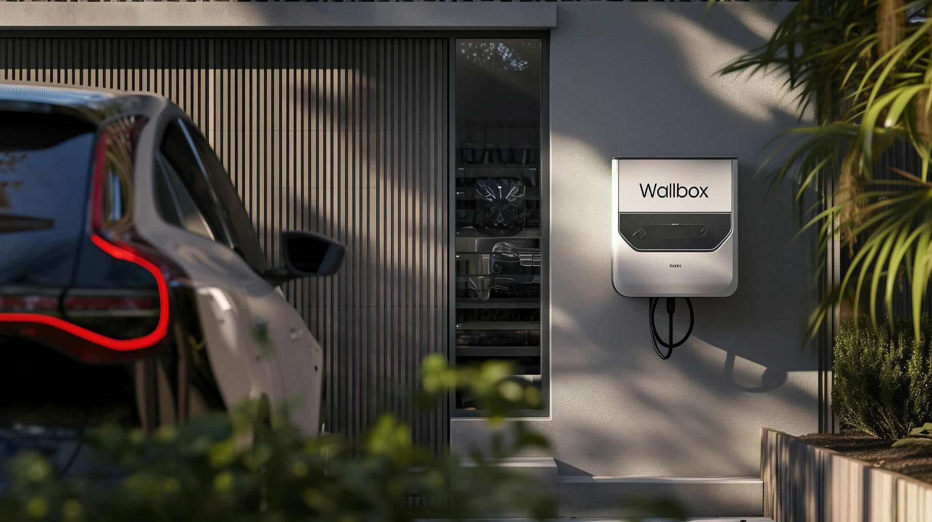 Elektroauto lädt an einer Wallbox an der Hauswand mit Terrassenbepflanzung