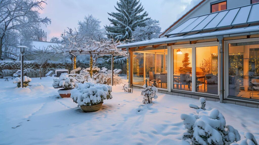 Illuminated conservatory of a house in a snowy garden at dusk