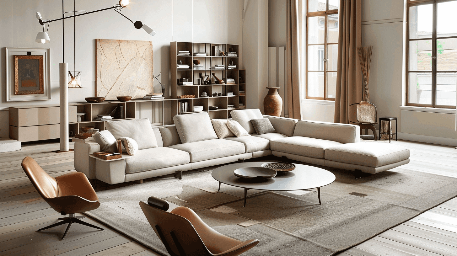 Zeitlos eingerichtetes Wohnzimmer mit beigem Ecksofa und Ledersesseln