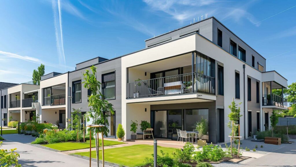 Modern apartment building with large balconies and floor-to-ceiling windows in the sunshine