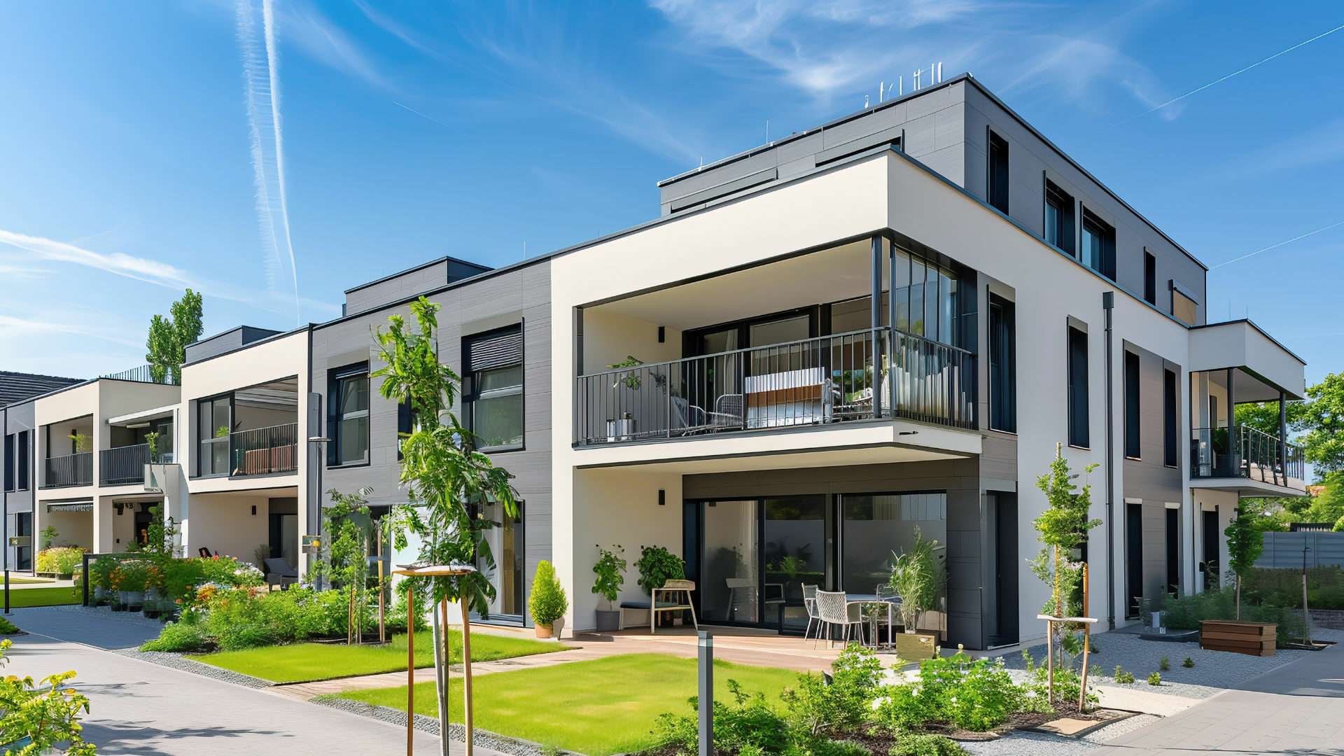Modernes Mehrfamilienhaus mit großen Balkonen und Fensterfronten bei Sonnenschein
