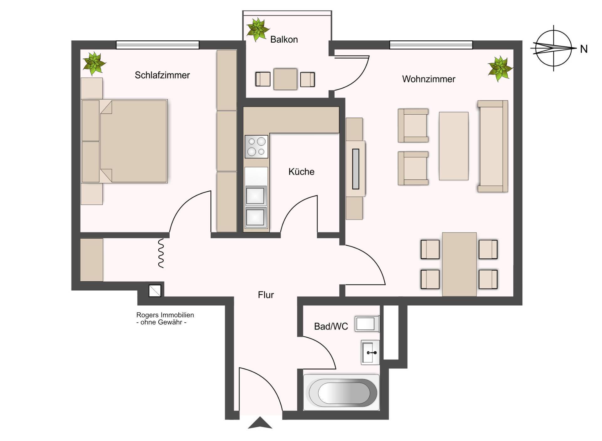 Floor plan of a 2-room apartment in Munich-Bogenhausen with bedroom, living room, kitchen, and balcony