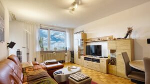 Living room with sitting area and wall unit in a 2-room apartment in Munich