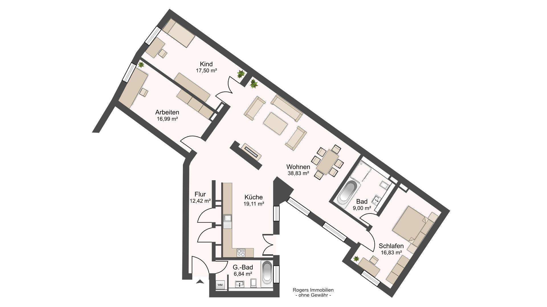 Floor plan of a period apartment in the Au district with room layout, kitchen, bathroom and hallway.