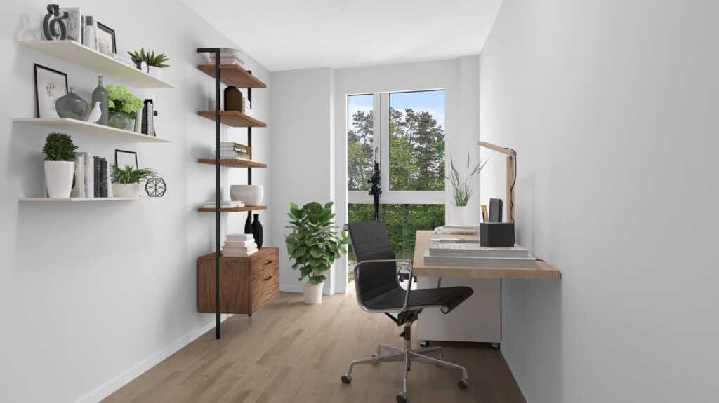 Digitally furnished home office with a bookshelf and desk in an apartment in Munich-Aubing