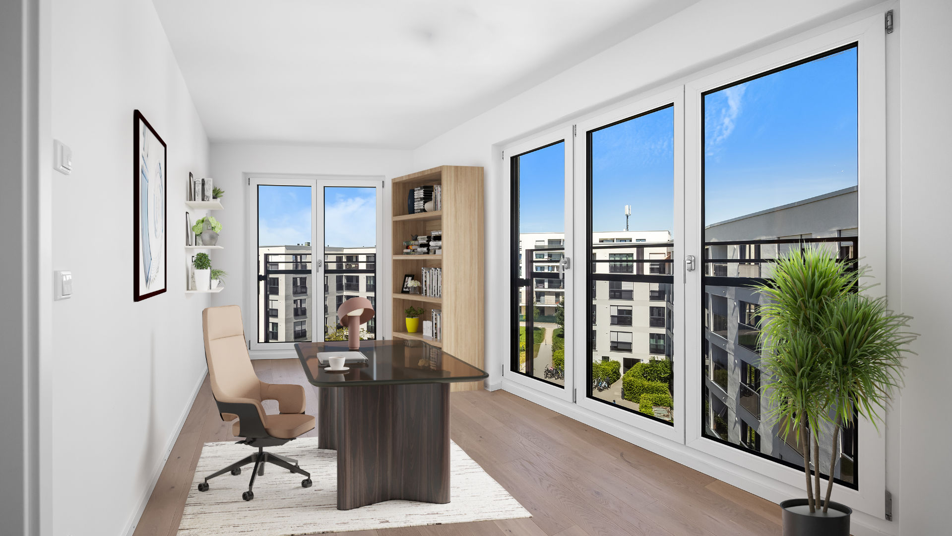 Digitally furnished study of the Aubing new-build apartment with desk and bookshelf as virtual staging