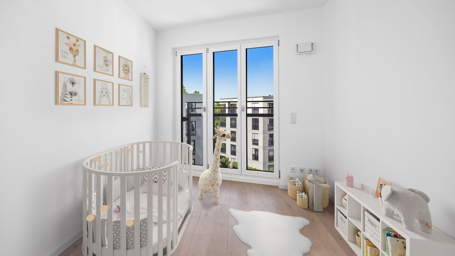 Digitally furnished children's room of the new Aubing apartment with a crib and animal motifs as virtual staging