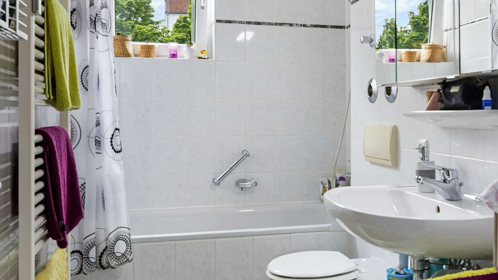 Bad mit Badewanne, Duschvorhang und Waschbecken am Fenster in Gartenwohnung München-Berg am Laim