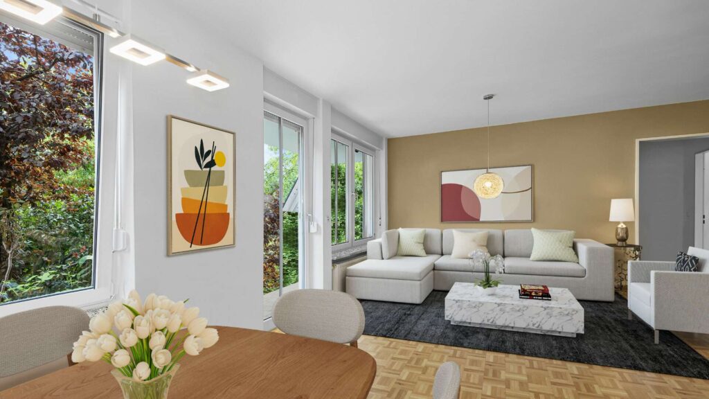 Virtuell eingerichtetes Wohnzimmer mit Sofa, Sesseln und Gartenblick in Gartenwohnung München-Berg am Laim