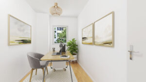 Virtual furnishing of a study with a desk in a condominium in Berg am Laim