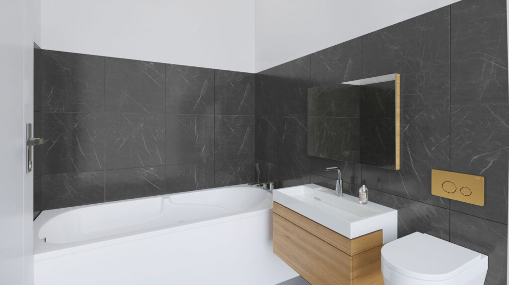 Visualization of a darkly tiled bathroom with a wooden vanity in a Berg am Laim condominium