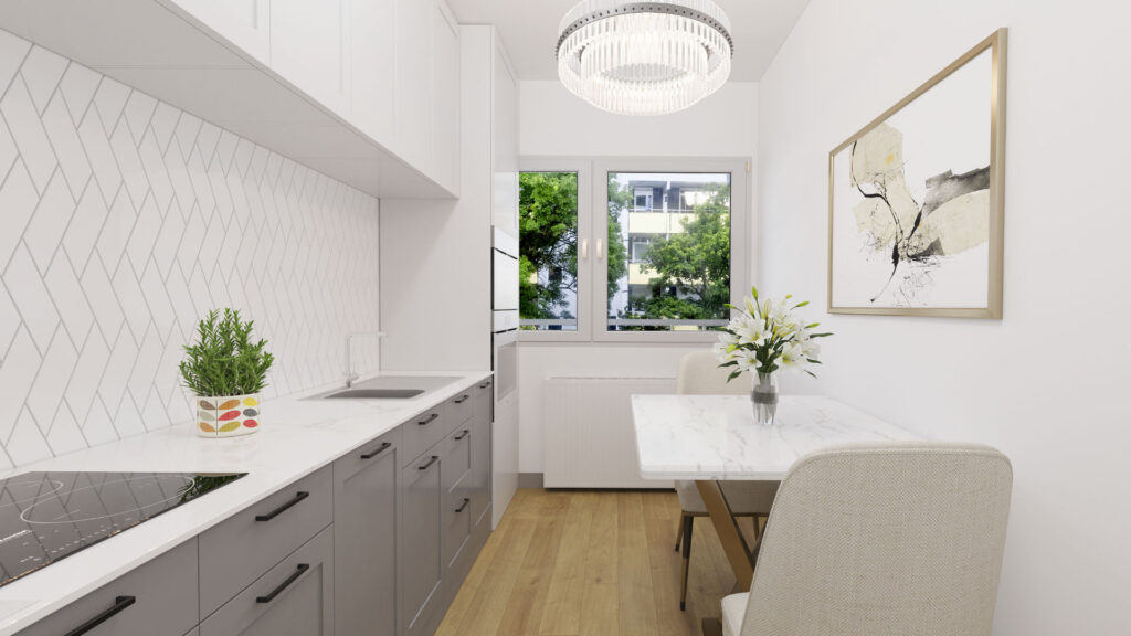 Virtually staged kitchen with dining area in a condominium in Munich Berg am Laim