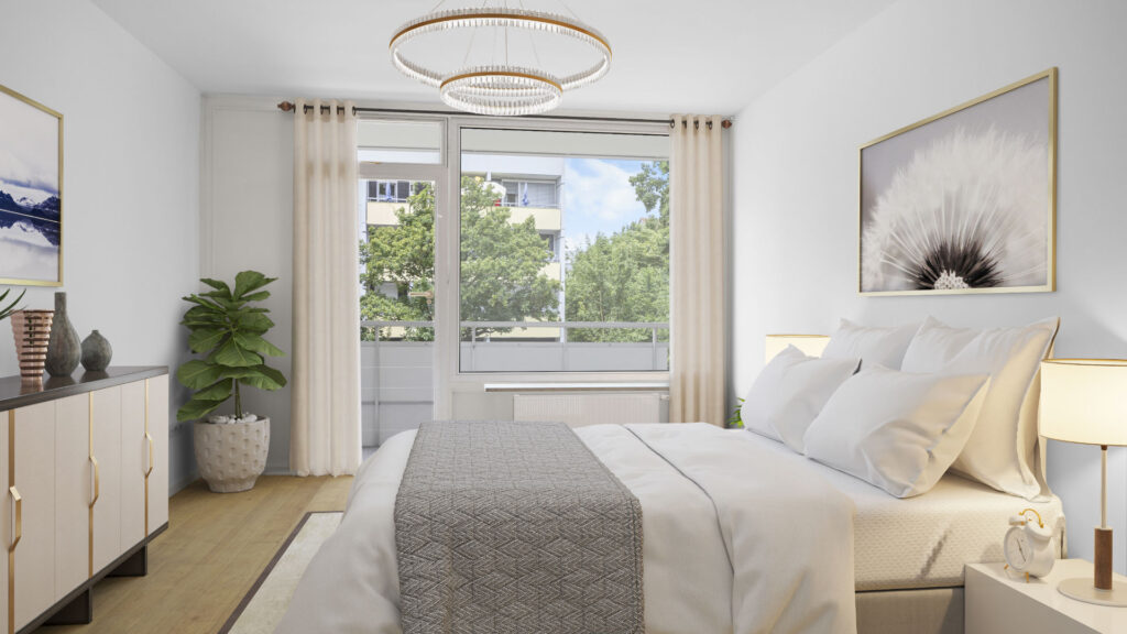 Virtually staged bedroom with a double bed in a condominium in Munich - Berg am Laim