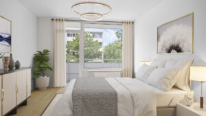 Virtually staged bedroom with a double bed in a condominium in Munich - Berg am Laim