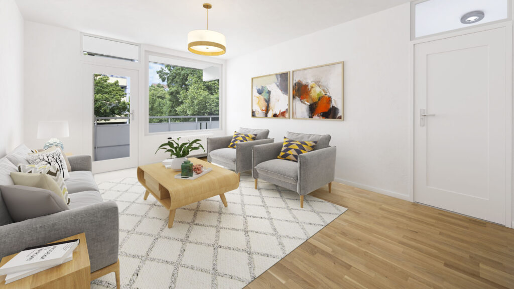 Virtually furnished living room with grey sofas in a Munich Berg am Laim condominium