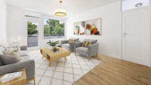 Virtually furnished living room with grey sofas in a Munich Berg am Laim condominium